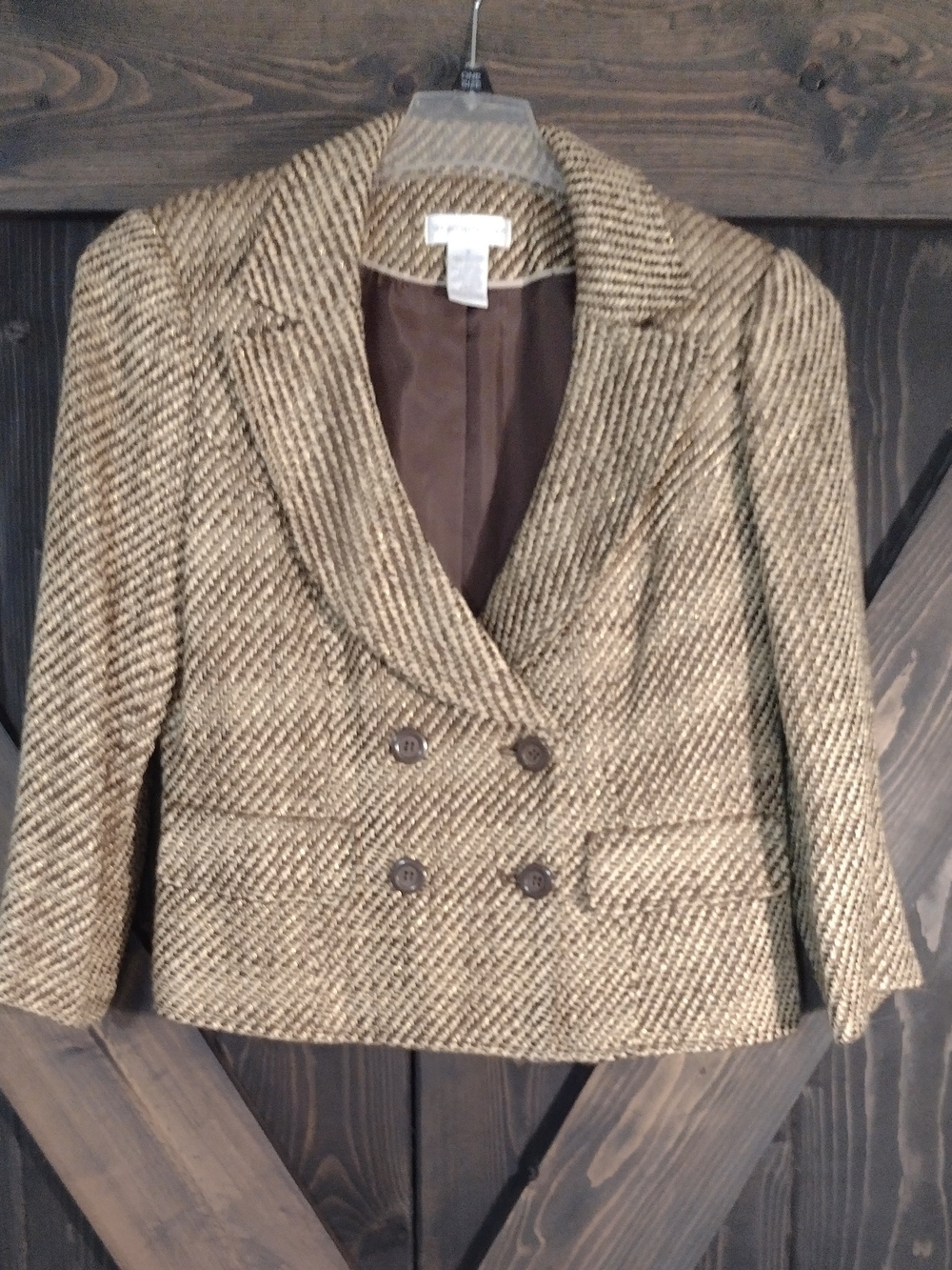 Worthington Womens Brown Tweed Double-Breasted Blazer Jacket Size 8
